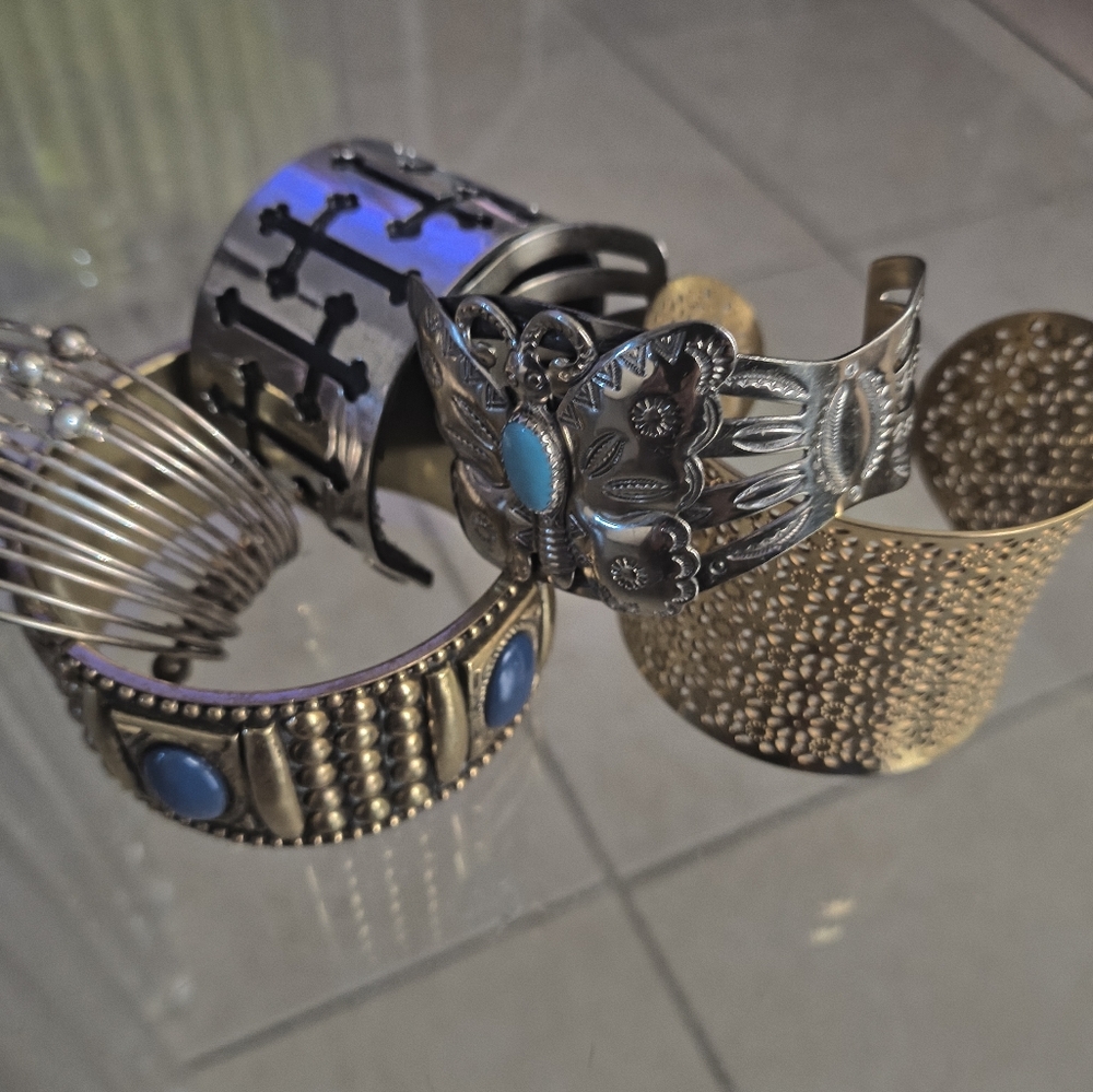 Multiples Silver and Gold Bracelet Set with Blue Accents